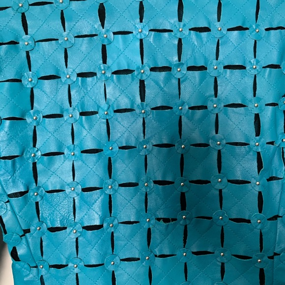 Women’s Akhesa Black Mesh Blue Leather Fitted Moto Jacket SZ M - Picture 8 of 8